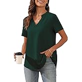 Askyes Women's 2025 Summer Chiffon Blouses Short Sleeve V Neck Tshirts Casual Loose Flowy Dressy Tops for Leggings Blouse