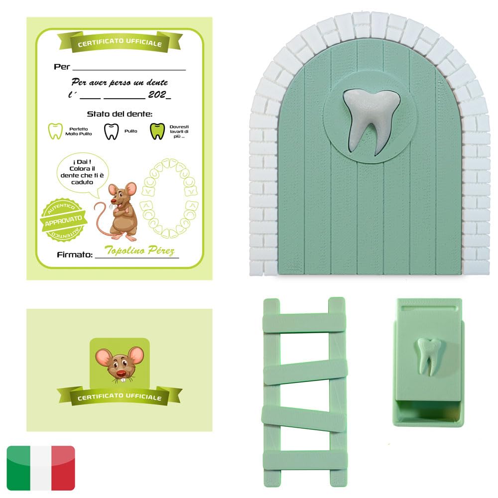 MFS MYFUTURSHOP Myfuturshop® Baby Tooth Door for leaving baby teeth to the Topolino Original Gift for Boys and Girls - Tooth Box + Ladder + 4 Clean Tooth Certificates Italian Version
