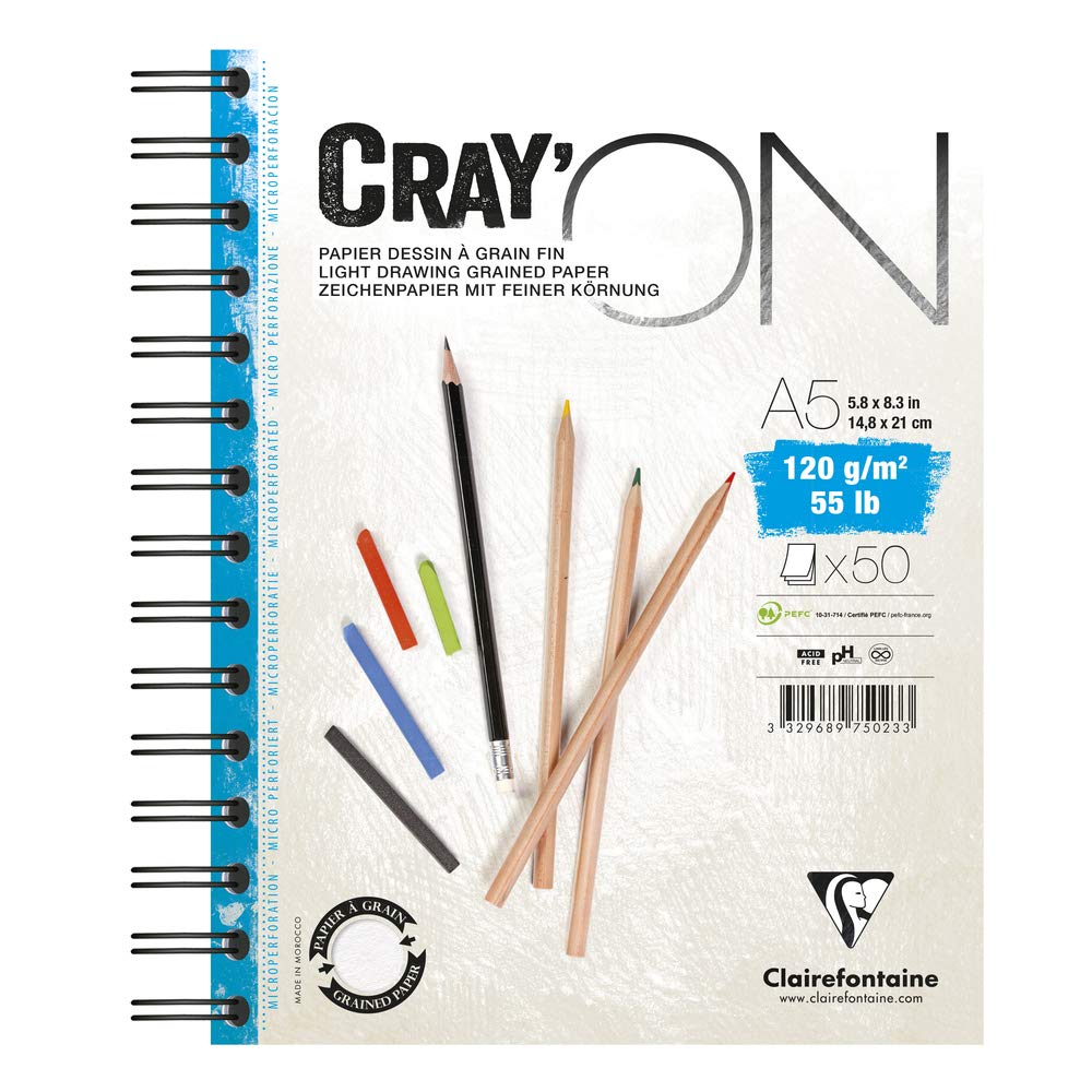 Clairefontaine - Ref 975023C - Cray'On White Wirebound Sketch Pad (50 Sheets) - A5 (14.8 x 21cm) Size, 120gsm 100% Cellulose Paper, Grained One Size & Smooth Other Side