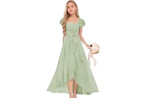 Cilontug Chiffon Junior Bridesmaid Dresses for Girls Short Sleeves Ruffle Pleated Flower Girl Dress for Wedding Guest Dress