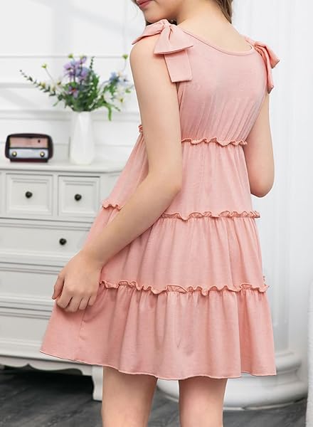 BLIBEAN GIRLS SUMMER DRESSES TEEN KIDS BOHO BEACH SLEEVELESS SUNDRESS CASUAL SOLID TRENDY FLARE A-LINE SUN DRESS TIERED OUTFITS SIZE 14 15 16 YEAR OLD PEACH PINK