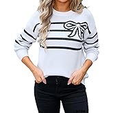 Sumleno Womens Cute Bow Striped Sweater Crewneck Long Sleeve Knit Sweatshirt Top Warm Soft Winter Y2k Aesthetic Pullover
