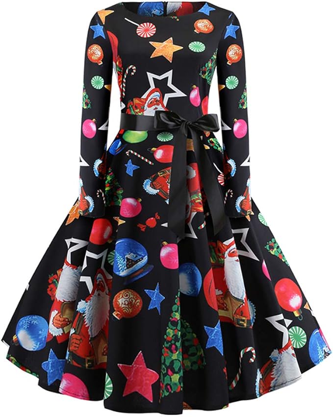 KILLREAL Women's Vintage Long Sleeve Floral Flared Printed Swing Cocktail Dress at Amazon Women 