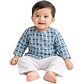 The Root & Craft Baby 2-Piece Outfit Set, Floral Printed Long Sleeve Shirt Kurta with White Pants, Blue and White (0-3 Month Newborn Baby)