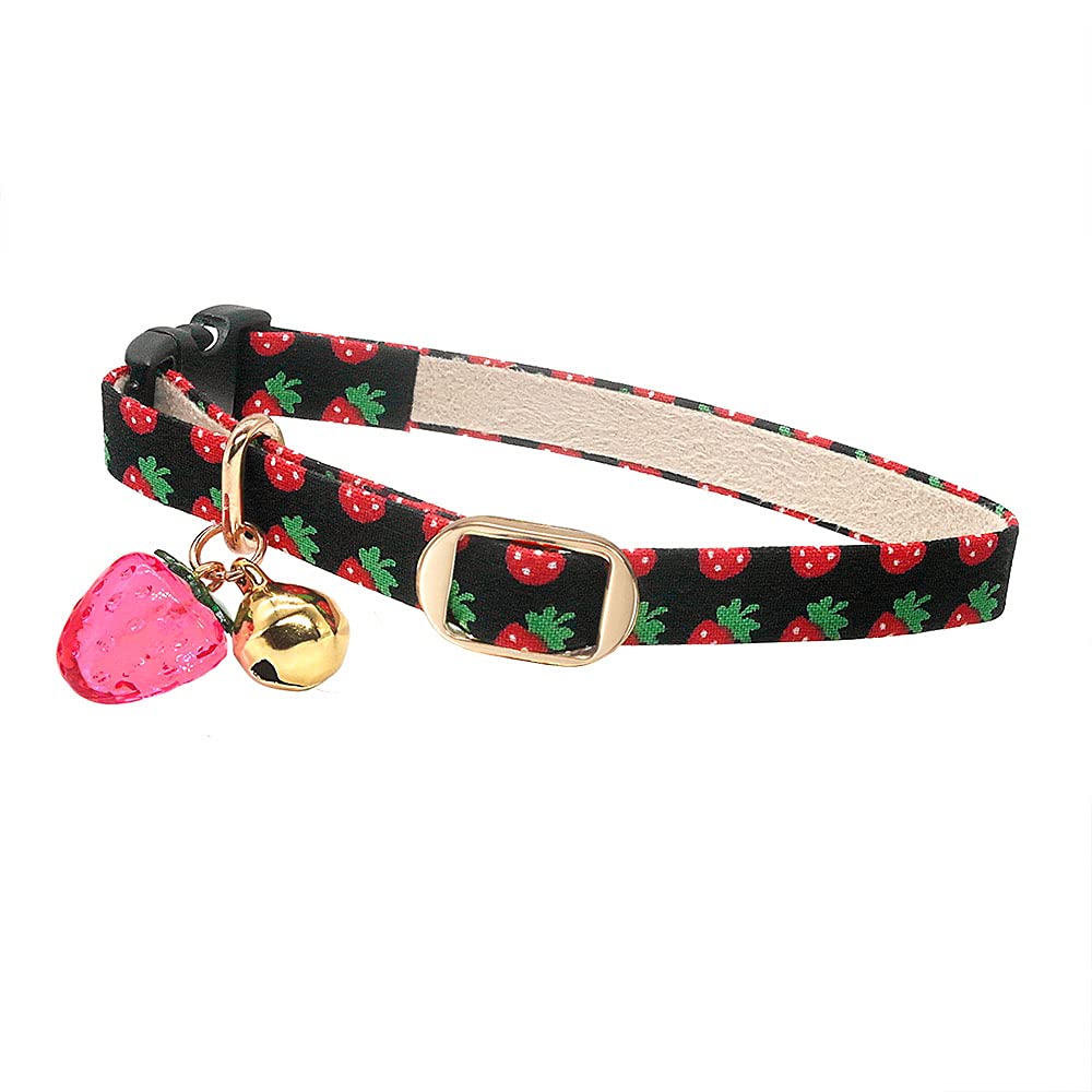 PetSoKoo Cute Cat Collar With Bell and Strawberry Charm.100% Cotton.Safety Breakaway Soft.For Girl Boy Male Female Kitten Collar