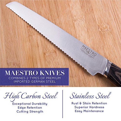 Maestro Cutlery Volken Series German High Carbon Stainless Steel 8" Inch Professional Serrated Bread Knife Slicer with Black Wood Handle