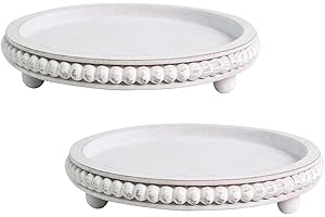 2 pcs Round Wooden Display Tray - Rustic Farmhouse Beaded Riser for Plants, Coffee Table & Home Decor, Pine Wood Organizer fo
