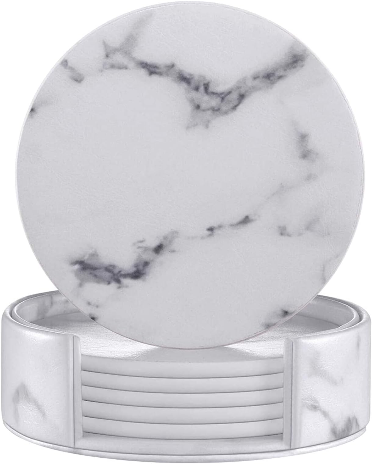 Thipoten Coasters for Drinks, Leather Coasters with Holder, Protect Furniture from Damage(6PCS, White)