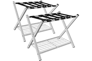 mocomax 2 Pack Folding Luggage Rack for Guest Room, Foldable Suitcase Stand Holder with Metal Storage Shelf for Bedroom, Living Room, Hotel Essentials, Heavy Duty Steel Frame, White
