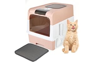 JIA XI Cat Litter Box with Litter Mat, 18"x14"x13" Large Litter Box for Big Cats, Enclosed Removable Litter Boxs, Front Entry Top Exit Kitty Box, Odor Control, Easy to Clean (Pink)