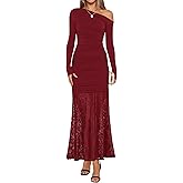 ZESICA Women's Long Sleeve Off Shoulder Bodycon Dresses Fall 2026 Ruched Lace Wedding Guest Cocktail Formal Maxi Dress