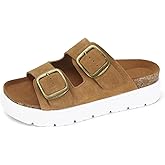 Gengzai Genuine Leather Platform Sandals for Women Comfortable Summer Beach Slides Sandals with Double Adjustable Buckle