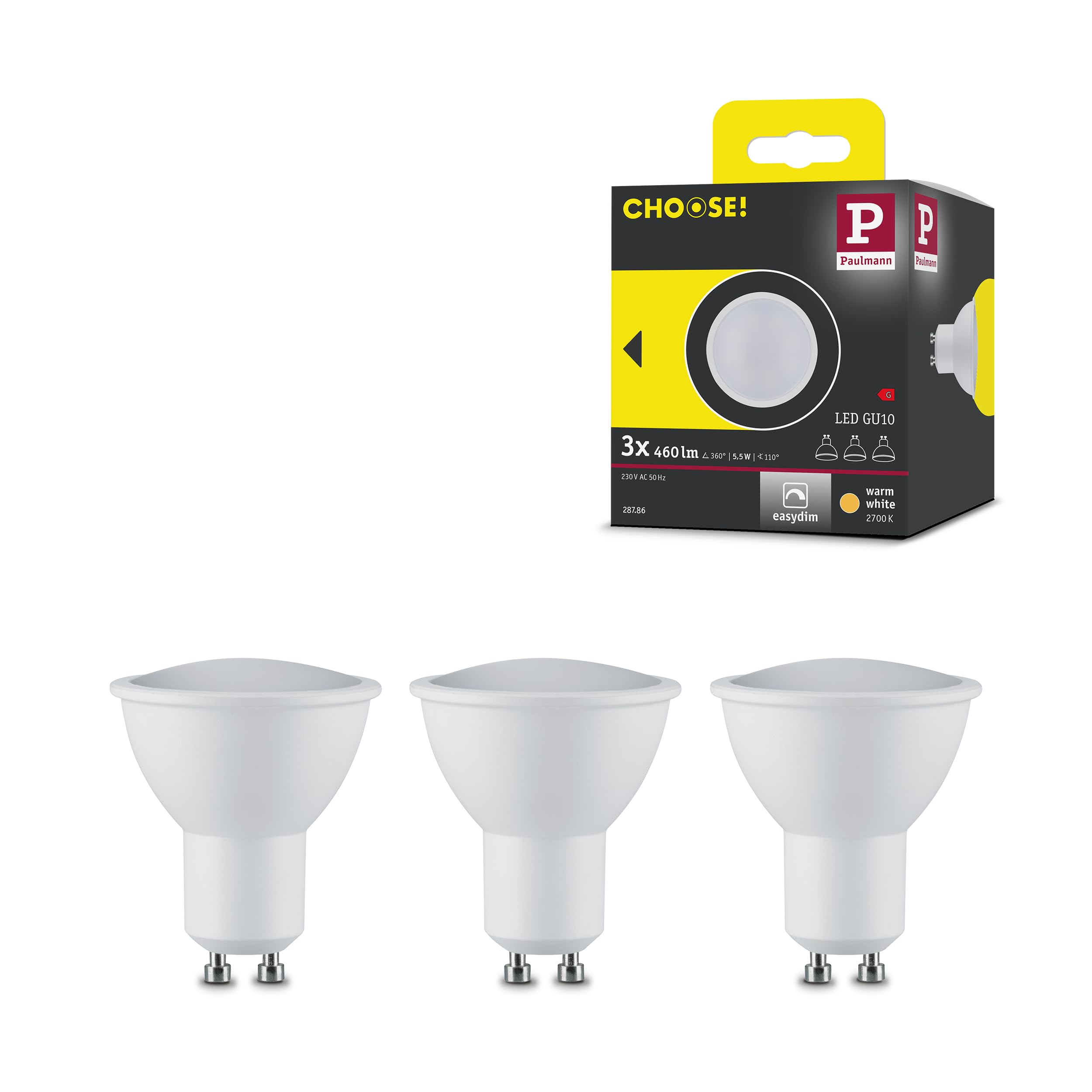 Paulmann 28786 LED lamp recessed luminaire Choose 3-Piece Set Easy Dim 3x5.5 watt dimmable recessed spotlights White spot recessed lamp 2700 K GU10