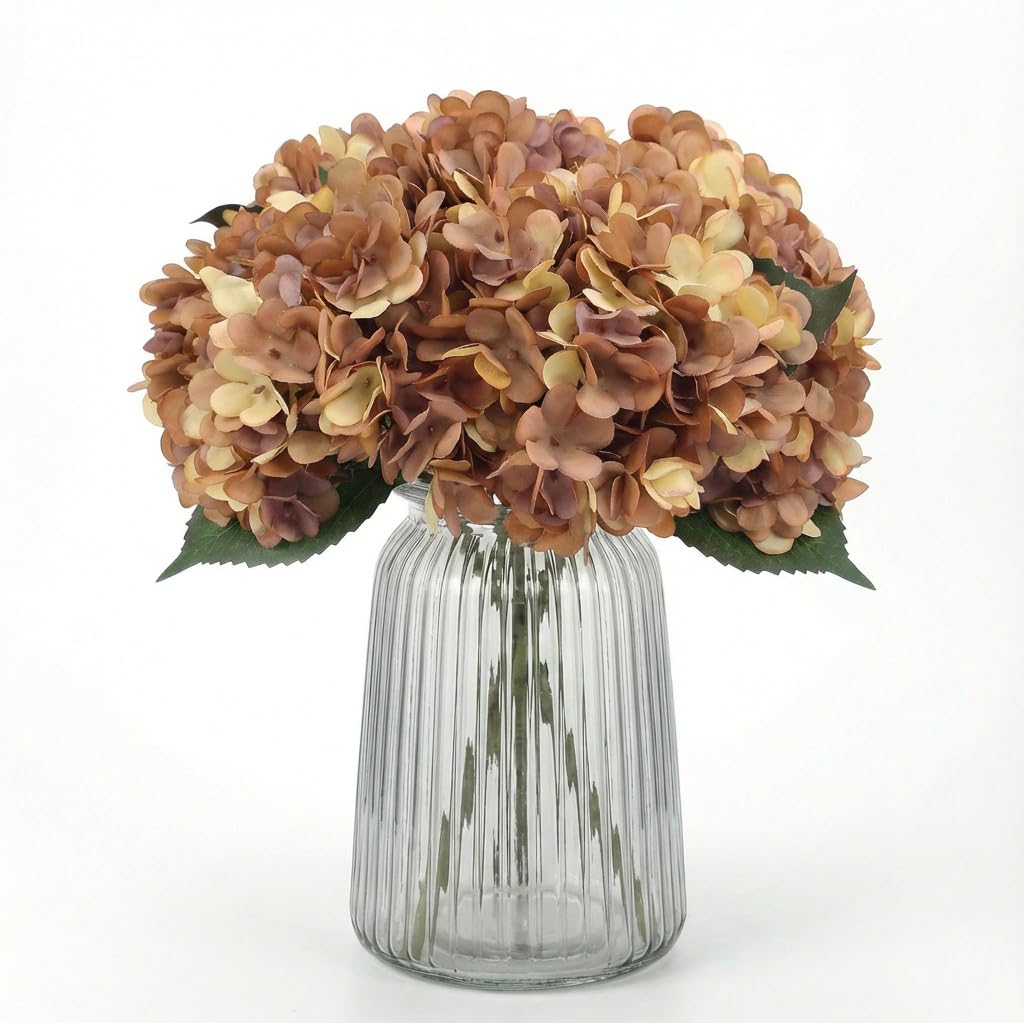 Blooming Paradise 5Pcs Artificial Fake Flowers Plants Silk Hydrangea 1 Flower Head Arrangements Wedding Bouquets Decorations Plastic Floral Table Centerpieces Home Kitchen Garden (Brown Yellow)