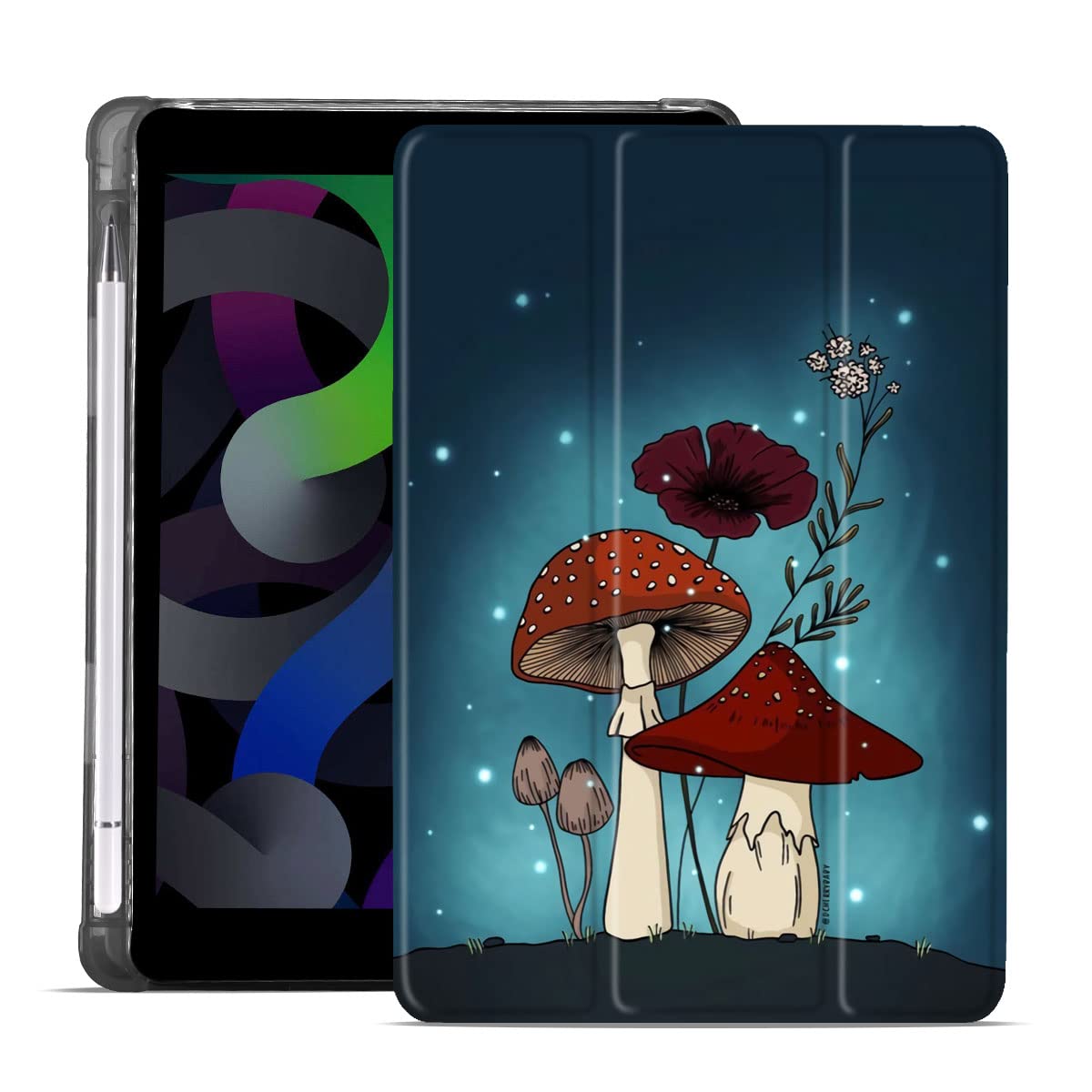 MAYCARI Cute Mushroom Case for iPad 2018/2017 9.7 inch, Support Auto Sleep/Wake, Black Soft TPU Back Protective Case with Pencil Holder
