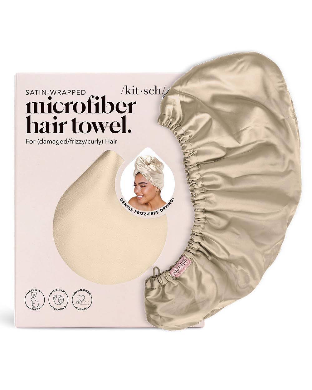 Kitsch Satin Wrapped Microfiber Hair Towel - Fast Dry Curly Hair Wraps for Women | Wet Hair Turban | Microfiber Hair Drying Towel -Champagne