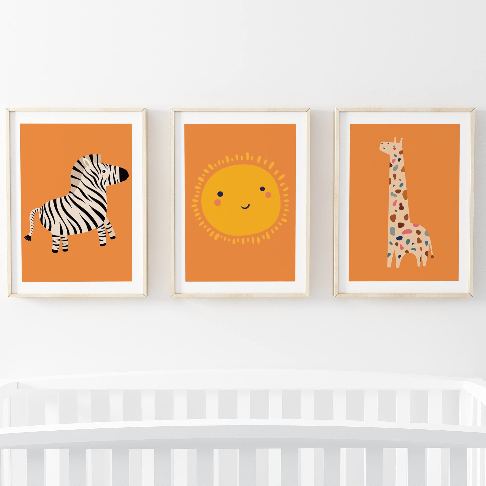 Scandi Safari Nursery Prints, Zebra Giraffe Sun Set of 3 Animal Nursery Prints, Jungle bedroom accessories [Picture Frames Not Included] (Orange, A4)