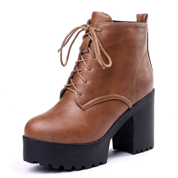 Bigtree Damen Stiefeletten Plattform Schnüren High Heels mit Blockabsatz Winter Pelz Gefüttert Motorrad Kampfstiefel