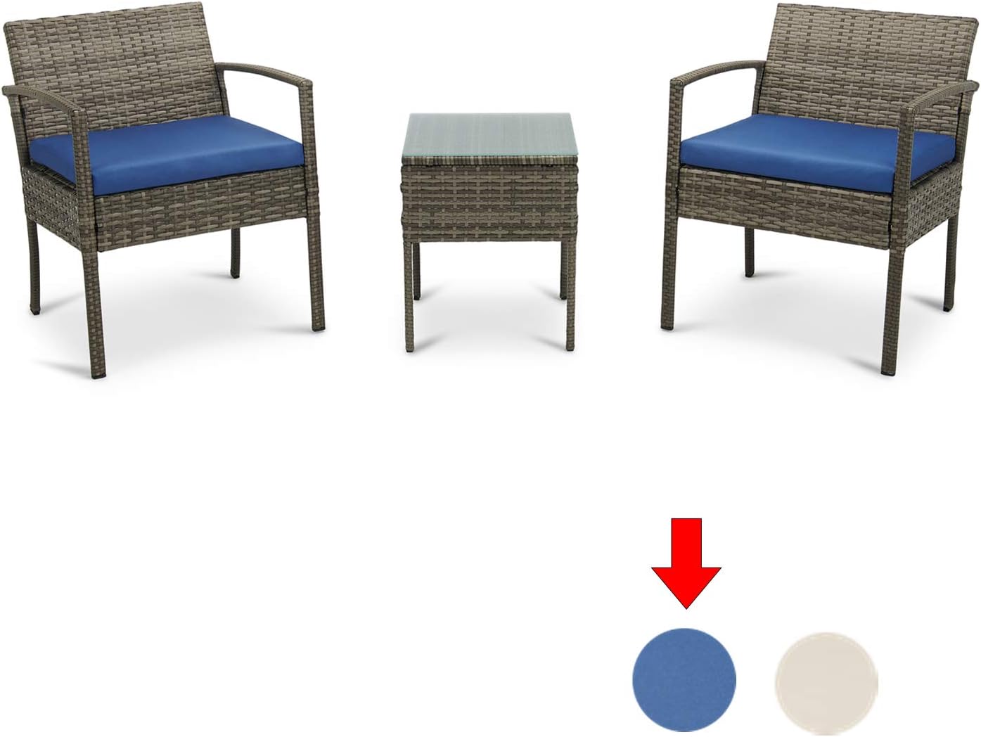 3 Pieces Patio Table and Chairs Set,Wicker Patio Chairs, Patio Furniture Chairs with Cushion and Glass Coffee Table for Garden, Lawn, Pool, Backyard, Porch and Balcony (Grey Rattan/Blue Cushions)