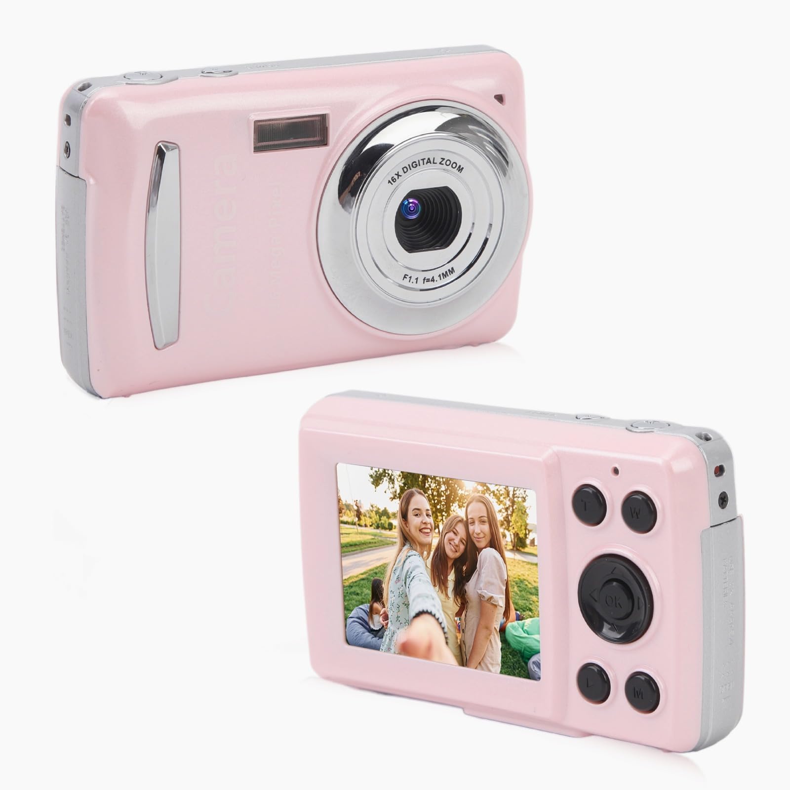 Pocket Digital Camera for Photography, 16MP 1080P HD Compact Point and Shoot Camera with 2.4in Screen, 16X Zoom Auto Focus Small Video Camera for Kids Teens Boys Girls (Pink)