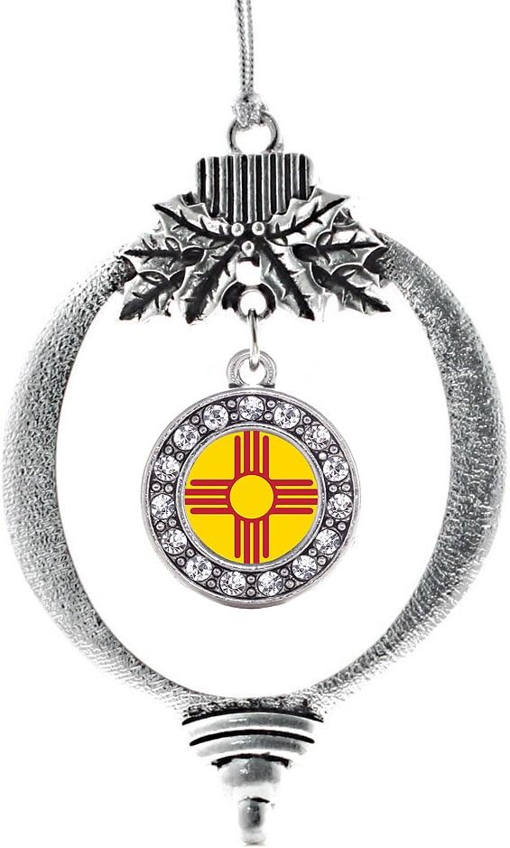 Inspired Silver - New Mexico Flag Charm Ornament - Silver Circle Charm Holiday Ornaments with Cubic Zirconia Jewelry