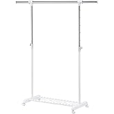 LiaMeE Adjustable Clothing Rack for Hanging Clothes, Heavy Duty Garment Rack with Wheels，Free Standing Rolling Clothes Rack with Shelf & Grid, Easy Assembly Standard Rod, White & Chrome