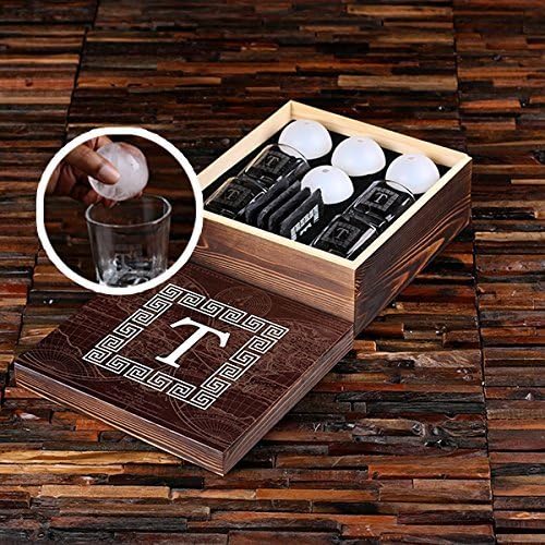 Monogram Whisky Set Including Custom Glasses, Slate Coasters and Ice Ball Makers in Printed Wooden Gift Box - Great Gift for Men, Groomsmen, Father's Day