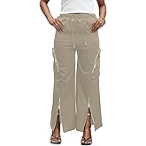 HuiSiFang Womens Baggy Cargo Pants High Waisted Casual Wide Leg Slit Drawstring Trousers with Pockets