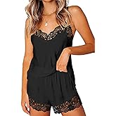 CHYRII Women's Sexy Silk Satin Pajamas Sets Lace Trim Cami Tops Shorts Sleepwear
