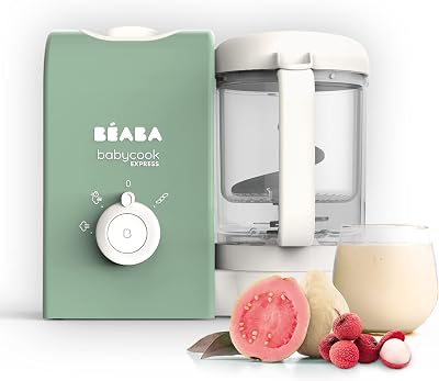 BEABA, Babycook Express, Baby Robot 4 in 1 Mixer/Standmixer, 15 Min. schnelles Kochen, Mixen nach Maß, schonendes und gesundes Dampfgaren, Auftauen, homogene Textur, Kapazität 1 250 ml, Salbeigrün