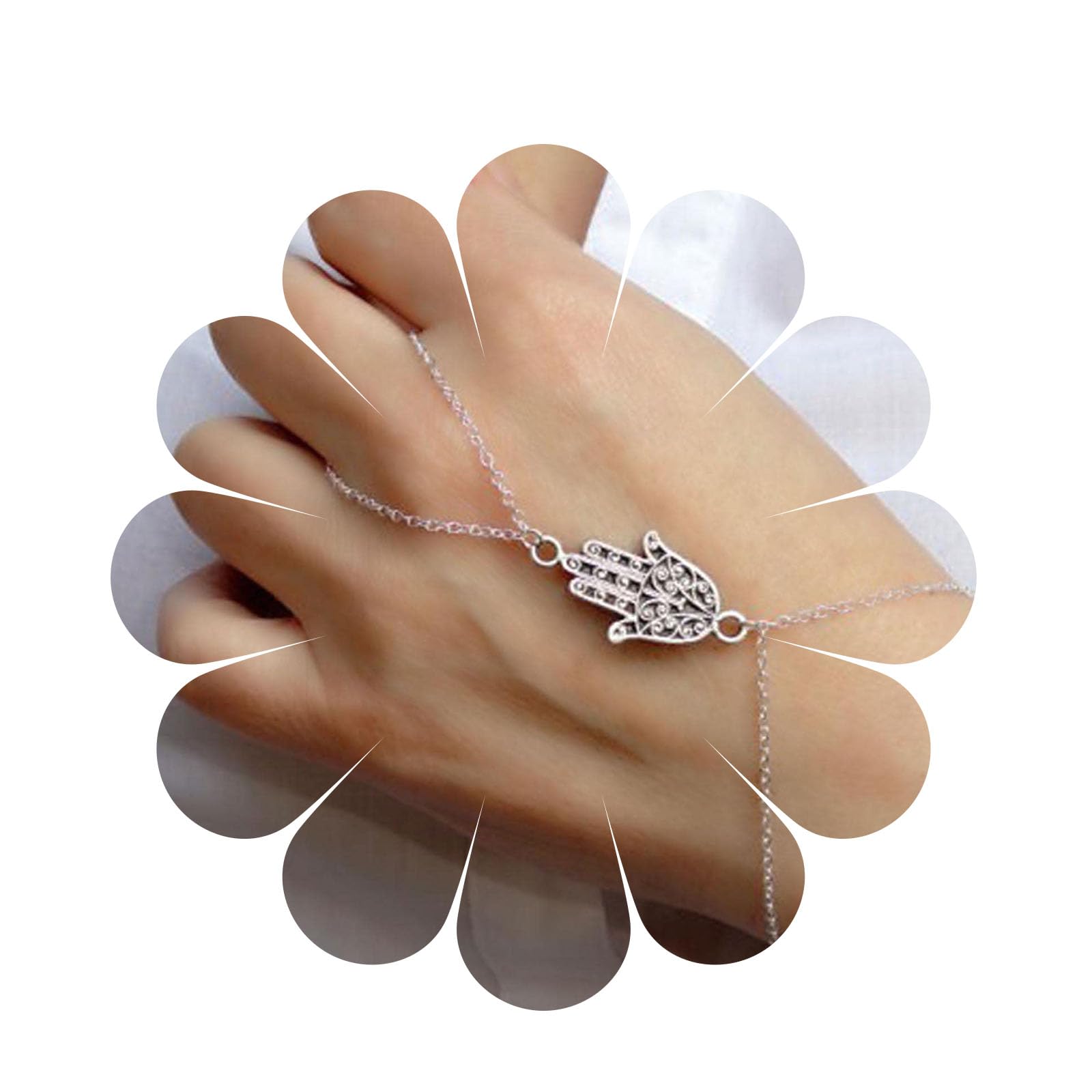 Yheakne Boho Hamsa Finger Ring Bracelet Silver Hand Slave Bracelet Minimalist Wrist Bracelet Vintage Futian Ring Bracelet Hand Chain Jewelry for Women and Girls