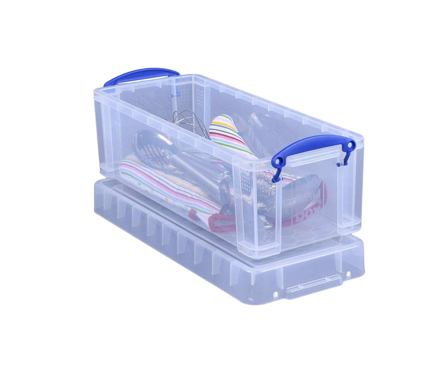 Resistente caja de plástico con tapa y asas.