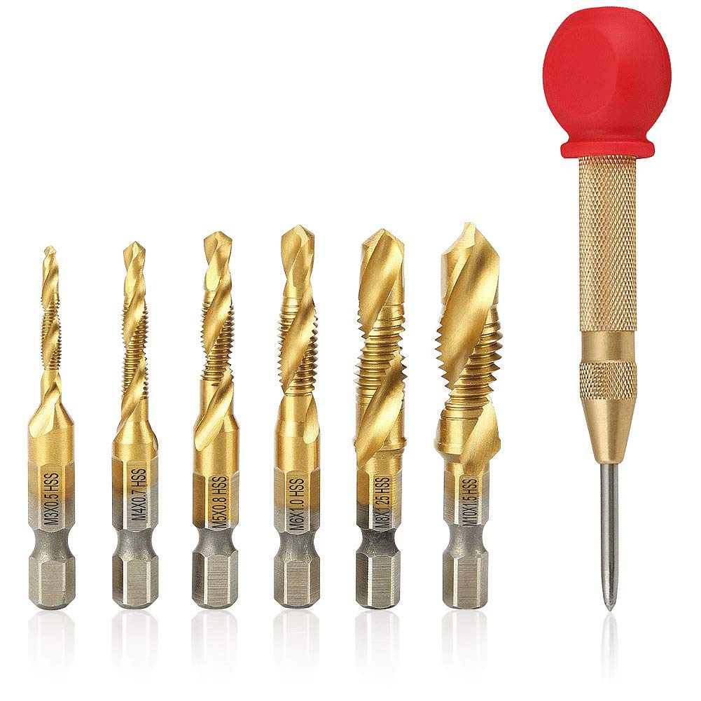 Sukudon 7 PCS Spiral Flute Step Drill Set/Hss Drill Bit,6 PCS HSS Stainless Steel Step Drill Bit,1Conical Drill Bit Set with Center Punch with Rubber Cap Metal Drill Set