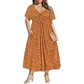 CARCOS Plus Size Dresses for Curvy Women Tie Sweetheart Neck Summer Maxi Dress Short Sleeve Empire Waist Floral Boho Dress