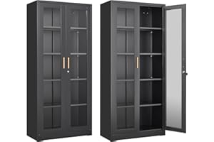 SteeLoong 71" Glass Display Cabinet with Lock,Curio Cabinet with Glass Doors, Metal Display Case with 4 Adjustable Shelves, Black Bookcase Locking Storage Cabinets for Living Room, Kitchen，Commercial