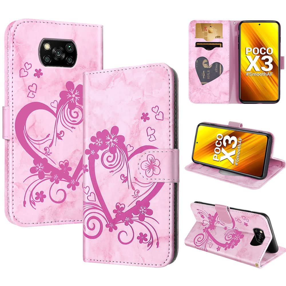 CASAFUNY Case for Xiaomi Poco X3 Pro/Poco X3 NFC/Poco X3, Premium Leather Wallet Case Magnetic Flip Phone Case Shockproof Cover with Card Holder Kickstand, Pink — image 1