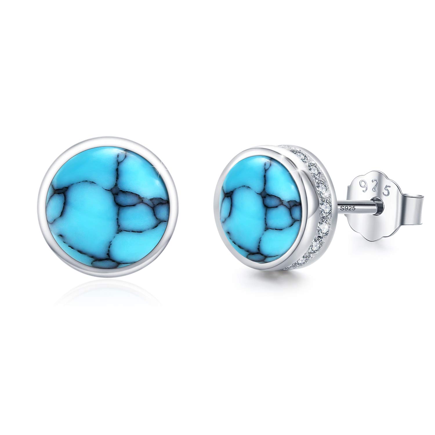 Turquoise Stud Earrings for Women 925 Sterling Silver 7 MM Hypoallergenic Turquoise Earrings Studs Blue Bezel Stud Earrings for Sensitive Ears