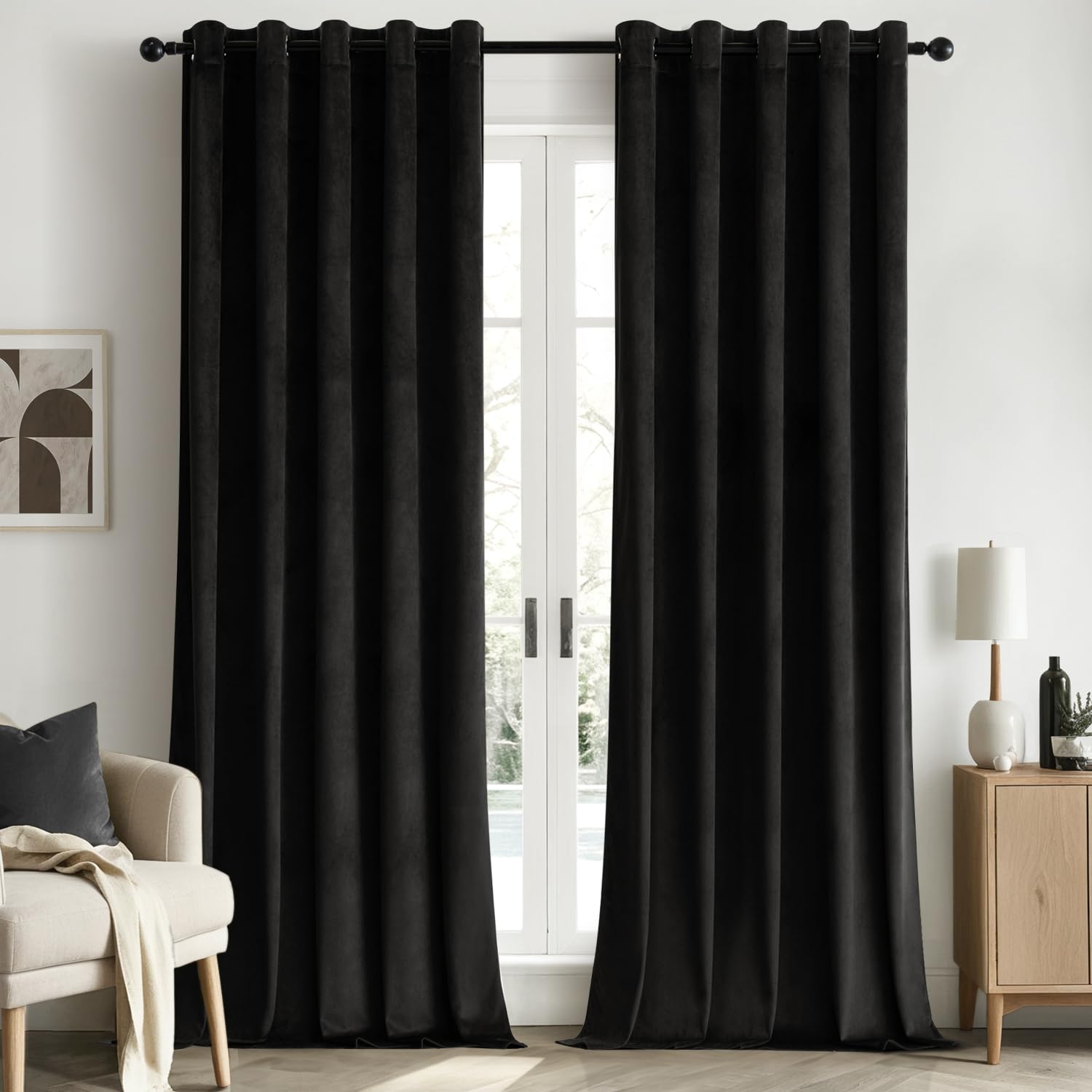 Woaboy Velvet Curtains 90 Drop Black Curtain for Living Room Thermal Blackout for Bedroom Luxury Eyelet Drapes Super Soft Window Treatment Insulated Soundproof & Room Darkening W 66 x L 90 2 Panels
