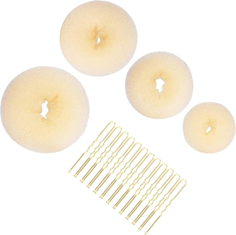 jeufun 4pc Hair Donut Bun Maker Set 4 Sizes Beige & 12pc Gold Bobby Pins