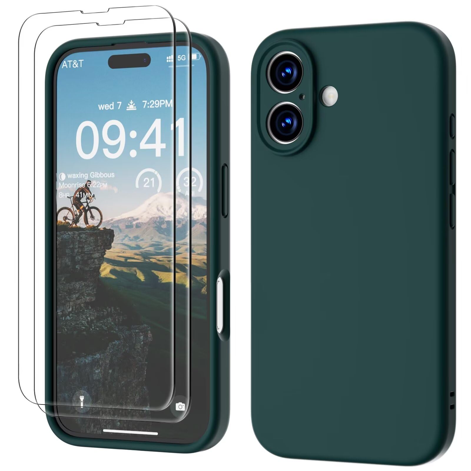 GOODVISH 3 IN 1 for iPhone 16 Case 6.1 inch, Upgraded Camera Protection, 2X HD Screen Protector, Liquid Silicone Anti-Scratch Shockproof Gel Rubber Anti-Fingerprint Phone Case Cover, Dark Green