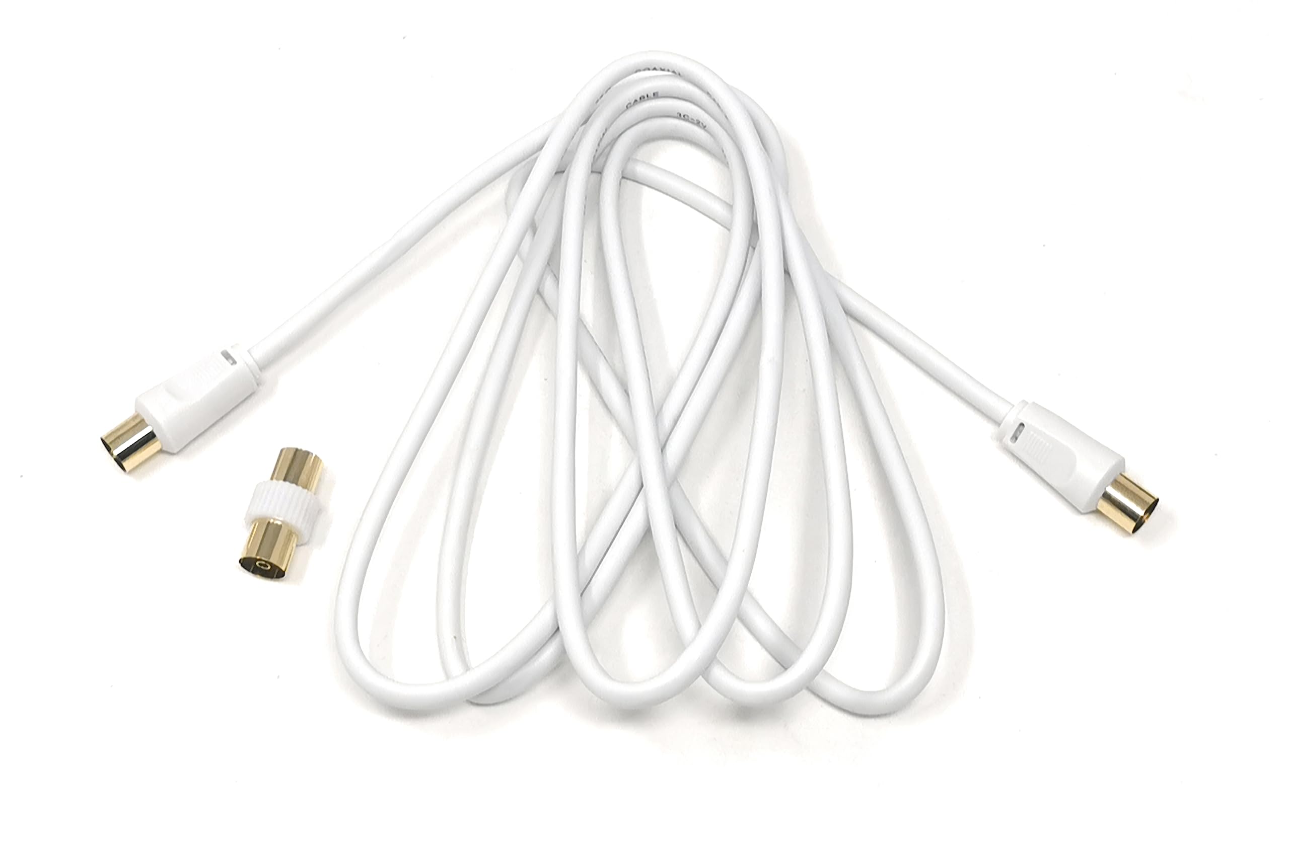 TV Aerial Coaxial Cable Male to Male RF Antenna Coax Lead Compatible with Sky SkyHD, Virgin, BT, Satellite TV, VCR, DVD Players. Comes with Female Coupler, Gold Plated Connectors (2m, White)