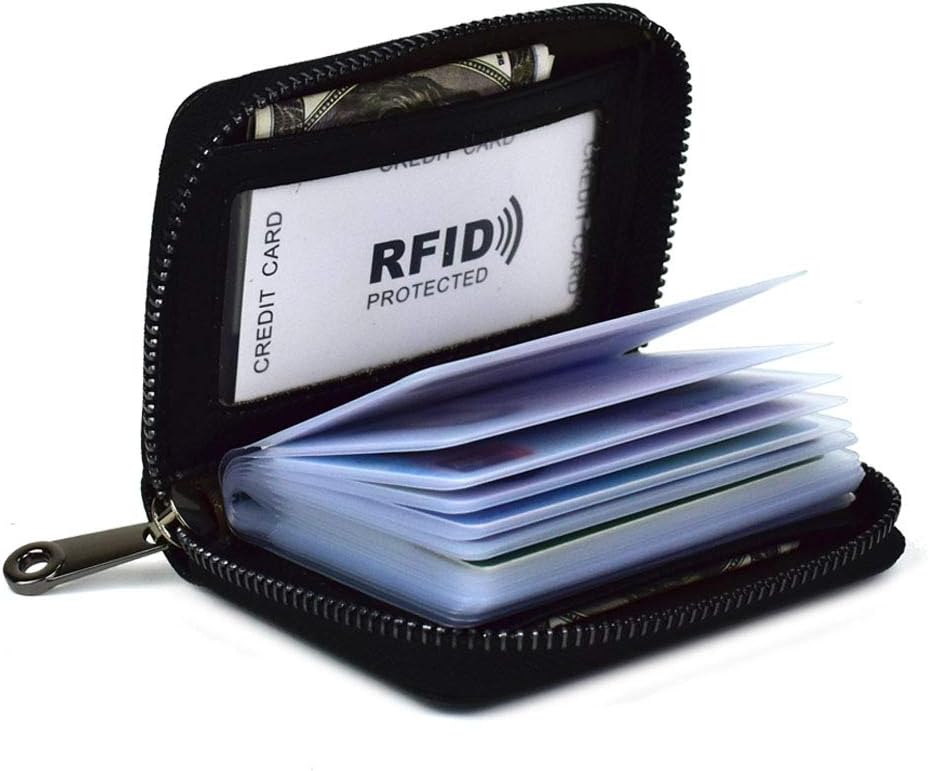 Lacheln RFID Blocking Credit Card Organizer Wallet Genuine Leather Zipper Security Travel Small Money Holder