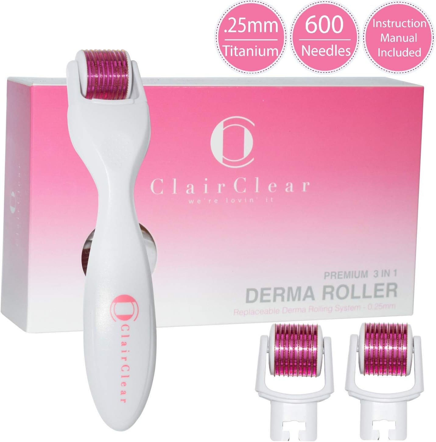 ClairClear Premium Titanium Derma Roller Kit: 3 In 1 Microneedle Roller + User’s Manual | 3 Replacement Heads .25mm | Cosmetic Needling Instrument for Face Micro Needle Skin Care Tool for Home Use