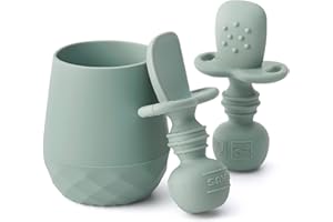 SAMiGO Silicone Baby Utensils - Self Feeding Spoons and Tiny Training Cup - First Stage Baby Led Weaning Supplies for 6 Months+ Infants - Set of 3