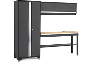 NEWAGE PRODUCTS INC. NewAge Products Bold Series Gray All-in-one 4pc Set, 30 in. Locker, Wall Cabinet, 60 in RTA Workbench with Bamboo Worktop, 24-Gauge Heavy Duty Steel Garage Storage Cabinets, 73501