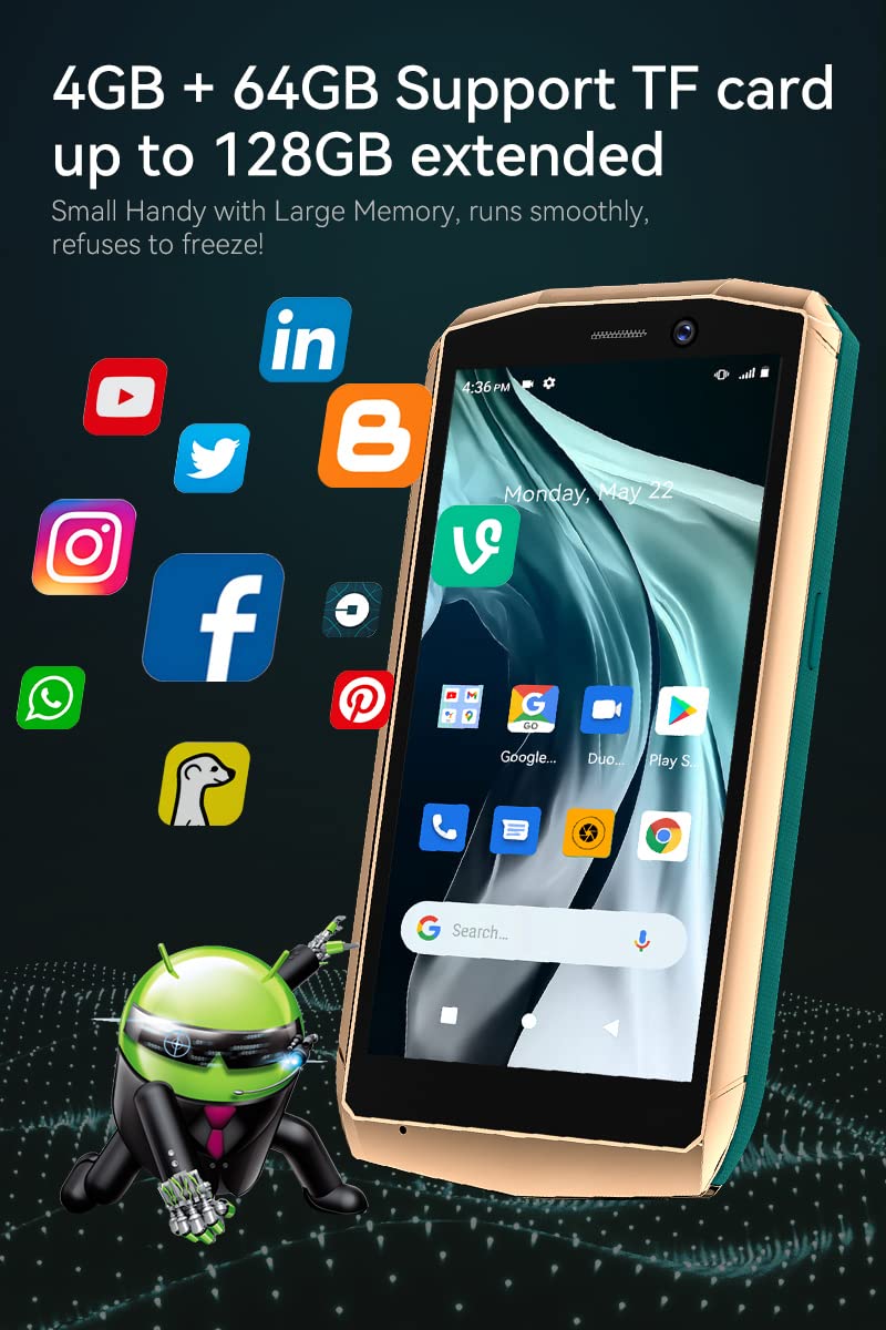 CUBOT Pocket 4.0 inch Mobile Phone, 4G Smartphone SIM Free Phones Unlocked, Android 11 Small Phone,16MP Camera,3000mAh,4GB+64GB/128GB Extension,Face ID/NFC/GPS (Green+Gold)
