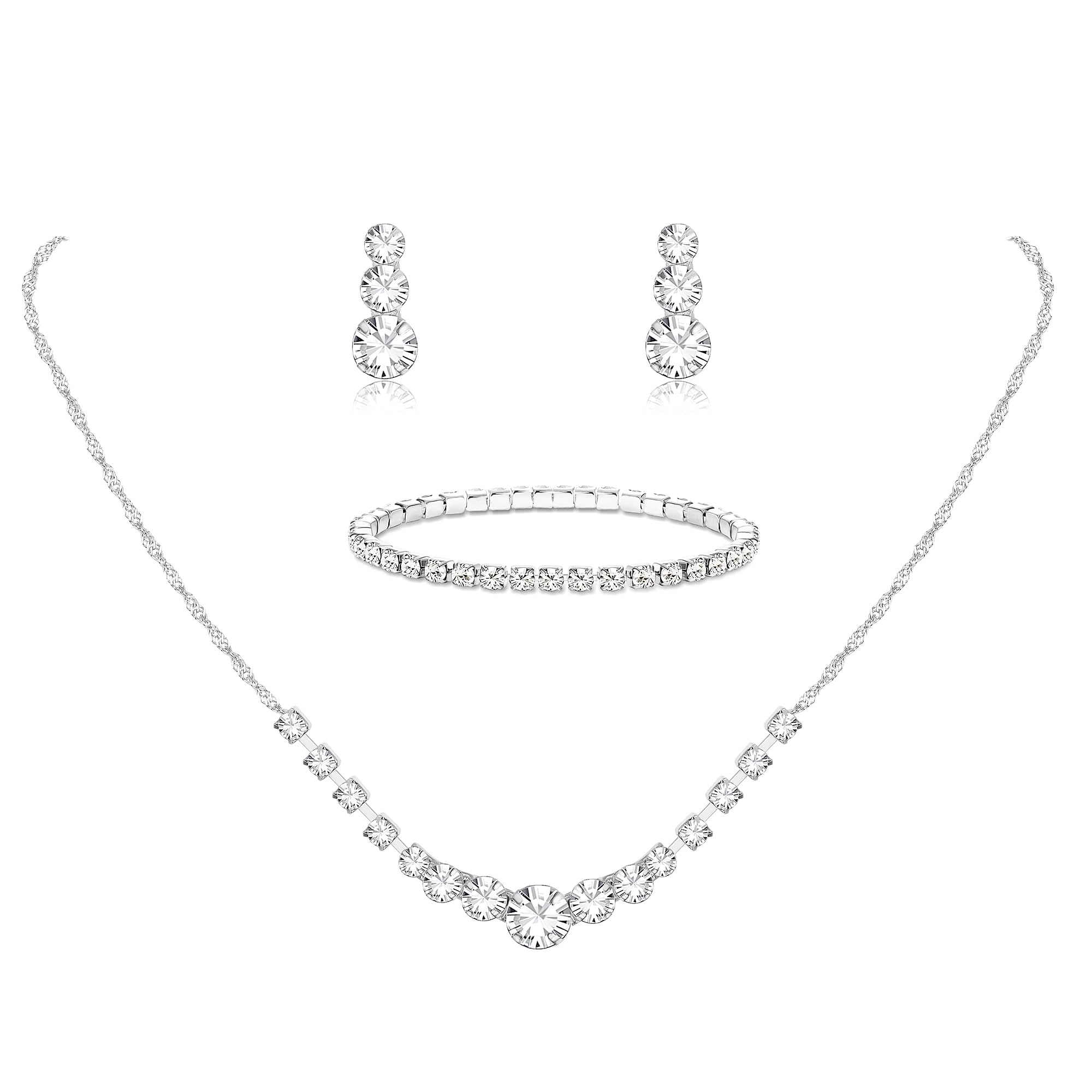 Photo 1 of Jstyle Silver Bridal Jewelry Set Rhinestone Necklace Bracelet Dangle Earrings for Bride Bridesmaid Teardrop Pendant Crystal Wedding Prom Jewelry Accessories for Women 1