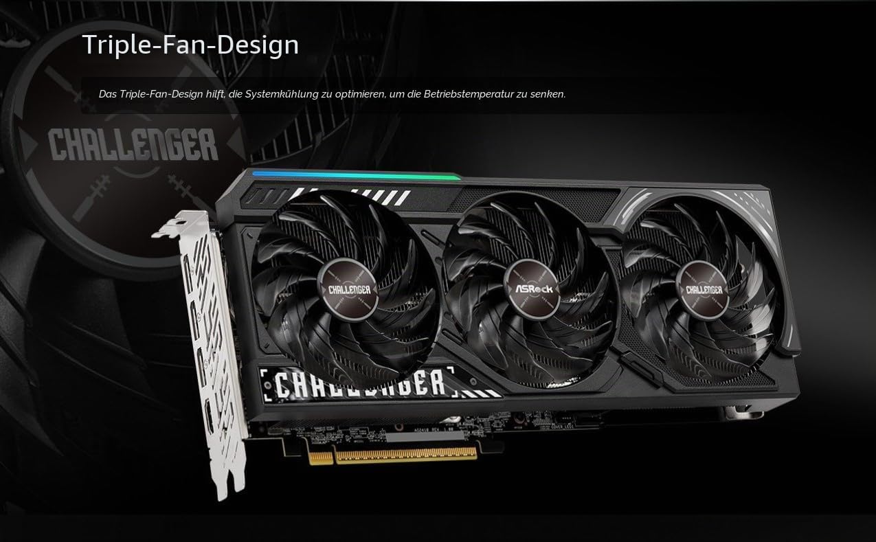ASRock Radeon RX 9070 XT Challenger 16 GB OC-Grafikkarte, AMD RDNA 4 Architektur, 2970 MHz Boost Clock, 16 GB GDDR6, PCIe 5.0, DisplayPort 2.1a, HDMI 2.1b, Triple Cooling 3