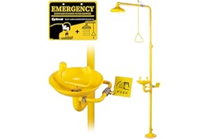 CGOLDENWALL Emergency Shower Eye Wash Station Safty Shower Combination Eye Wash Station with Shower, NPT Thread, with Emergency Sign, 304 Stainless Steel+Yellow Coating