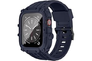 OROBAY Compatible with Apple Watch Band 44mm with Case and Screen Protector, Rugged Bands Strap for iWatch Series 6/SE2/SE/5/4 with Bumper Cover, Dark Blue